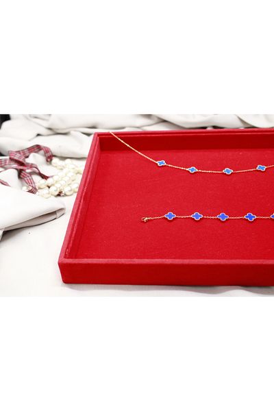 Brand. Gold Plated Blue Clover Necklace & Bracelet Set – Elegant Lucky Charm Jewelry