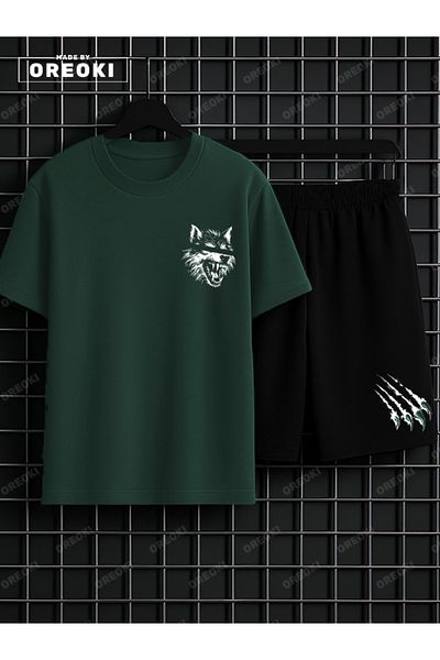 EFFRENATU Scary Wolf Printed Cotton Men's Green Forest T-Shirt-Black Shorts Set