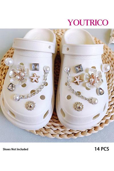 Youtrico 14pcs New Pearl and Rhinestone Jibbitz Charms for Slipper Ornament
