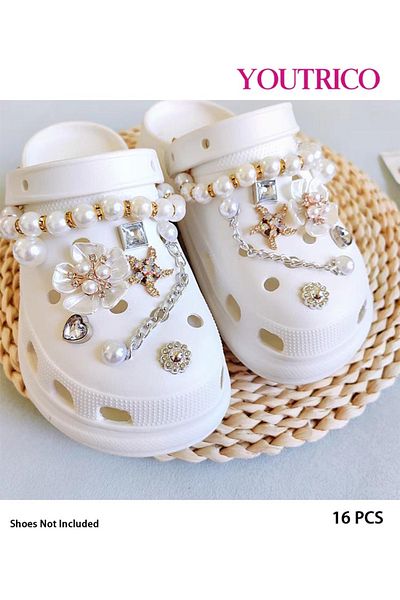 Youtrico 16pcs New Pearl and Rhinestone Jibbitz Charms for Slipper Ornament