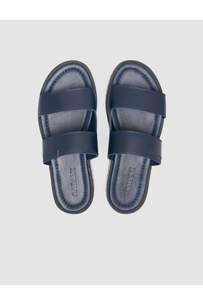 Cabani 100% Genuine Leather Navy Blue Banded Men's Slippers