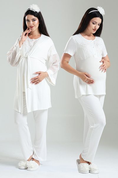Lohussa Ecru Jacquard Design Embroidered 100% Cotton Summer Maternity Maternity Dressing Gown Pajama Set Set