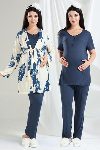 Lohussa Navy Blue Magnolia Patterned Design 100% Cotton Summer Maternity Maternity Dressing Gown Pajama Set Set