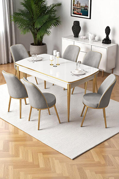 Canisa Nira Serisi 70x114 Mdf Açılabilir Beyaz Mutfak Masa Takımı 6 Gri Sanda...