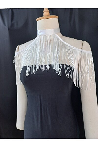 es moda shop Rava uzun püsküllü boyunluk yaka beyaz