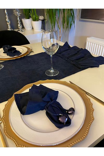 Decamor home Navy Blue Double Layer Ruffled Short Coffee Table Runner 40 X 80 cm