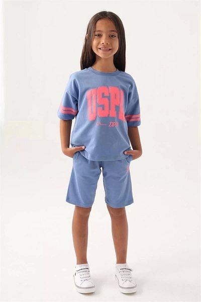 U.S. Polo Assn. Costum Bermuda pentru fată, cu licență US Polo Assn, cu mâneci, roz pudrat