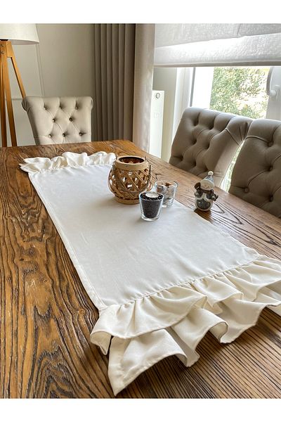 Decamor home Ecru Double Layer Ruffled Short Coffee Table Runner 40 X 80 cm