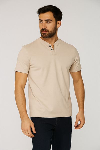 LACİVERTMEN 2124 Henley T-shirt Καφέ με λεπτομέρεια με κουμπιά Basic Casual T-shirt