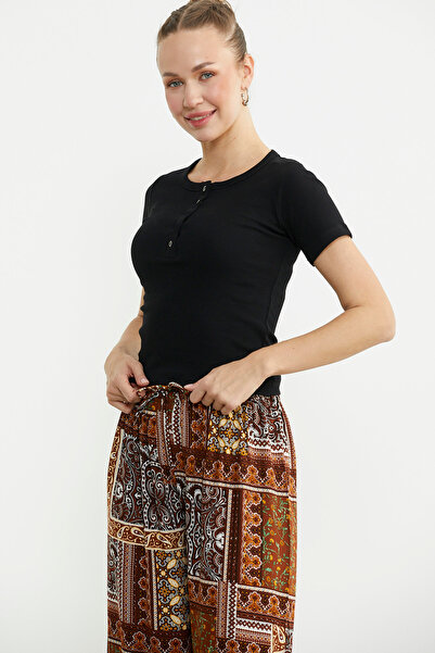 Sementa Κοντομάνικο Basic T-Shirt με κουμπί - Μαύρο