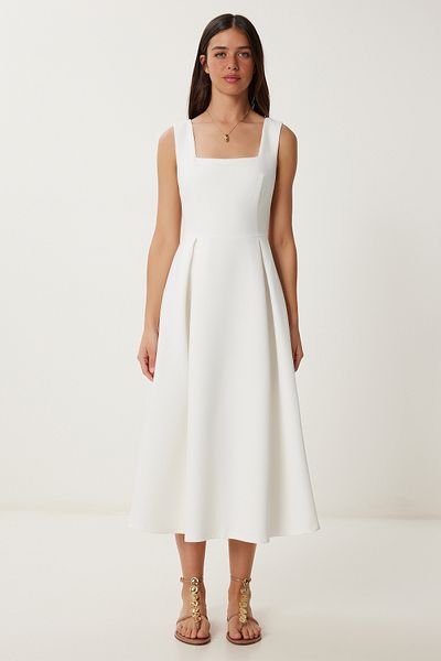 Lovelyİstanbul Rochie midi din țesătură A-Line ECRU LWF0026