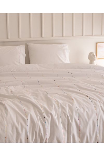 Madame Coco Estampe Double 100% Cotton Ranforce Embroidered Duvet Cover Set - White