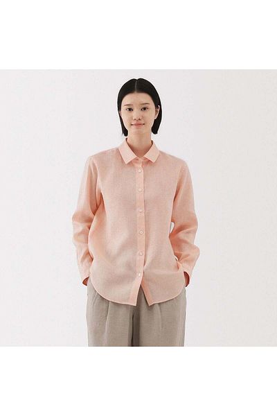 Muji قميص كتان مغسول بياقة عادية وأكمام طويلة