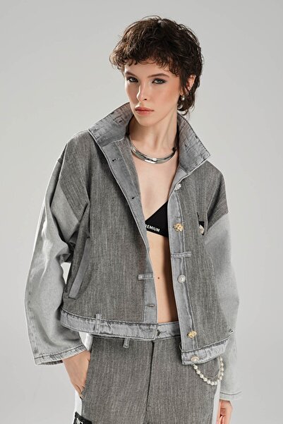 tw3 Γυναικείο τζιν μπουφάν με πέτρινα κουμπιά και υφασμάτινο σχέδιο