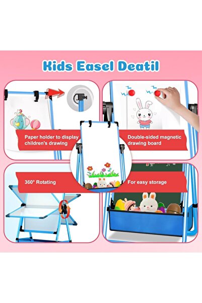 Lumely حامل فني مزدوج الجوانب للأطفال، مع مشبك ورق ولوحة بيضاء، وارتفاع قابل للتعديل، ودوران 360 درجة