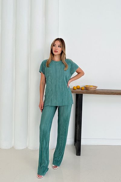 MİROR Women's Mint Green Bat Sleeve Pleated Pocket Detailed Casual Suit