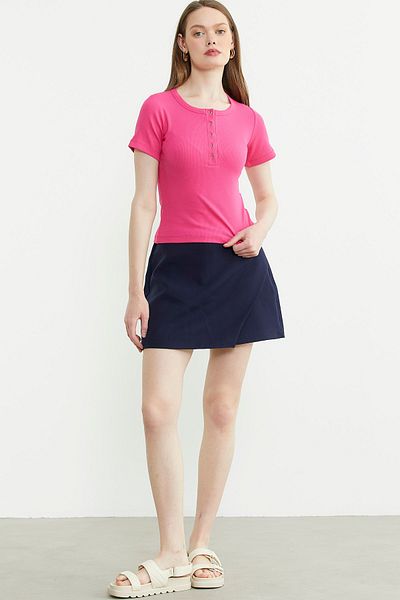 Sementa Buttoned Short Sleeve Basic T-Shirt - Fuchsia