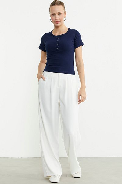 Sementa Buttoned Short Sleeve Basic T-Shirt - Navy Blue