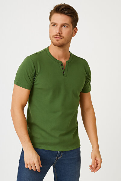 LACİVERTMEN 2124 Henley T-shirt Καφέ με λεπτομέρεια με κουμπιά Basic Casual T-shirt