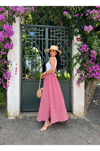KÜÇÜĞÜM BUTİK Red Gingham Flared Poplin Skirt