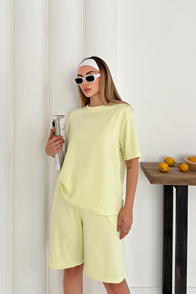 MİROR Women's Lemon Yellow Modal Fabric Short Sleeve Basic Shorts Set