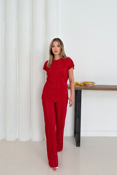 MİROR Women's Red Bat Sleeve Pleated Pocket Detailed Casual Suit