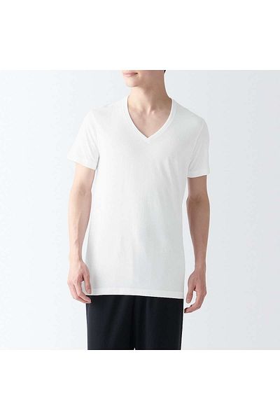 Muji تي شيرت قطني بدون درزات جانبية، رقبة على شكل حرف V، أكمام قصيرة، قطعتان