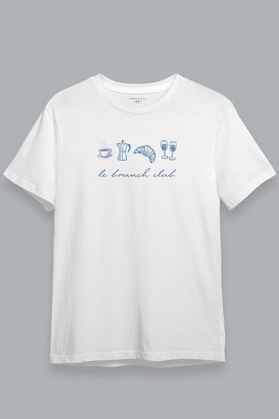 Kendim Seçtim Le Brunch Club Λευκό Unisex T-shirt Croissant Coffee Wine Μίνιμαλ σχέδιο κοντομάνικο μπλουζάκι