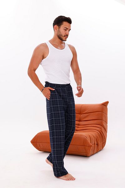 Pijamasoft بنطلون بيجامة رجالي صيفي أنيق ومريح منقوش بجيب قطني مطبوع وخصر مطاطي أزرق داكن منقوش 15