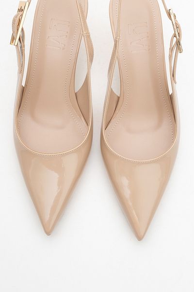 LuviShoes Arty Beige Patent Leather Pointed Toe Open Back Women's Thin Heeled Shoes