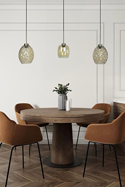 Bamyum Üçlü Lunex Cam Bal Rengi Avize İnce Eskitme Başlık Sarkıt Yemek Masası Üstü Iç Mekan Cafe Otel