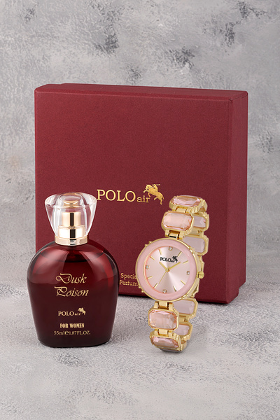 Polo Air Lüx Taşlı Kadın Kol Saati Parfüm Bordo Hediyelik Kutsunda Set Pembe ...