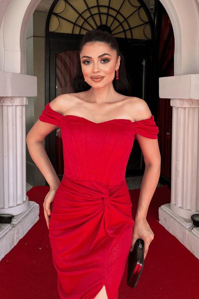 giyimmasalı Simli Tül Kumaş Büzgü Detaylı Abiye Elbise - KIRMIZI