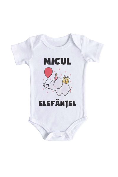 OEM Body bebe, Micul elefantel, 6 - 12 luni, maneca scurta, bonisa creativ, alb, 100% bumbac