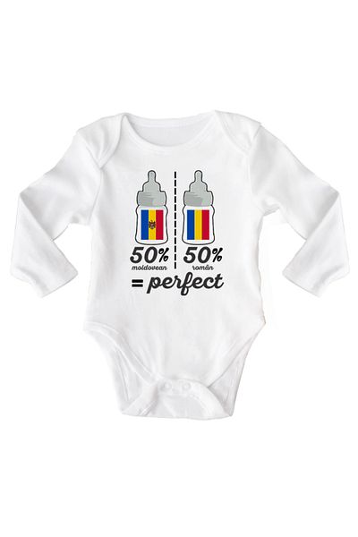 OEM Body bebe, 50 moldovean 50 roman = Perfect, 12-18 luni, maneca lunga, bonisa creativ, alb, 100% bumb