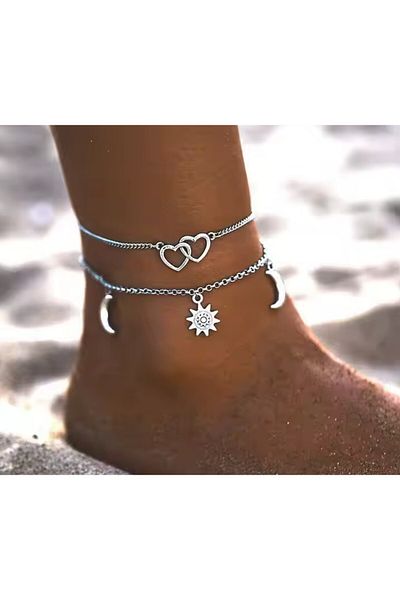 REDz Accessories Set de 2 brățări de picior pentru femei, pandantiv Lună, Soare și Inimă, Reglabile, Argintiu,