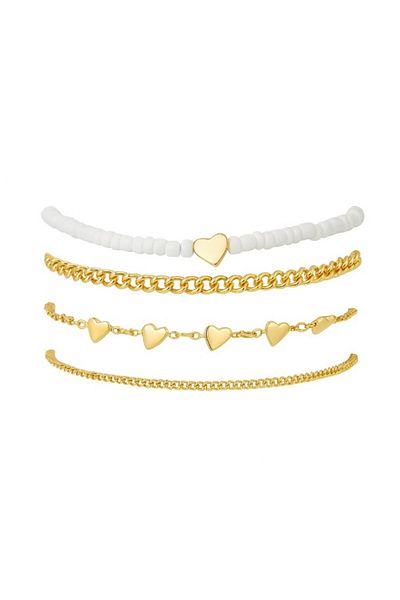 REDz Accessories Gold Anklets, Pearl White and Cube Charm, Set of 4 Pieces, Modern and Delicate Style, Gold