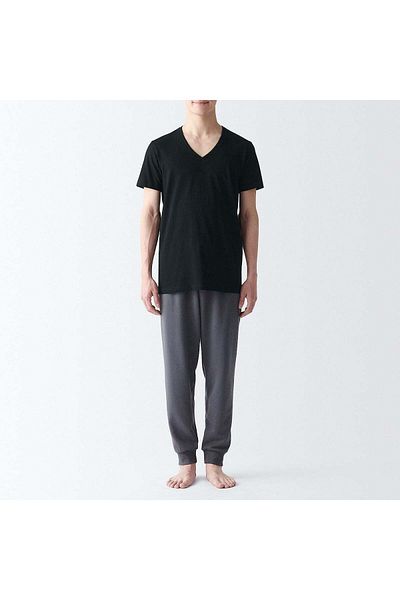 Muji تي شيرت قطني بدون درزات جانبية، رقبة على شكل حرف V، أكمام قصيرة، قطعتان