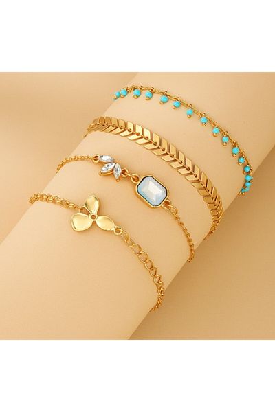 REDz Accessories Elegant Women's Bracelet Set, Gold and Turquoise, With Charms and Fine Chain, Gold