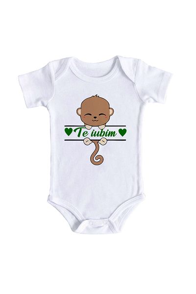 OEM Body bebe, Maimutica, te iubim, 6 - 12 luni, maneca scurta, bonisa creativ, alb, 100% bumbac
