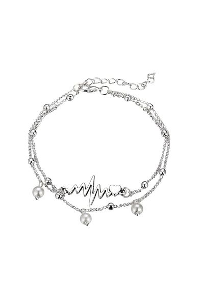 REDz Accessories Brățară de gleznă, argint, inimă și bătăi de inimă, lanț dublu și perle