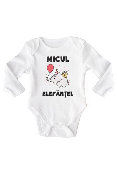 OEM Body bebe, Micul elefantel, 12-18 luni, maneca lunga, bonisa creativ, alb, 100% bumbac