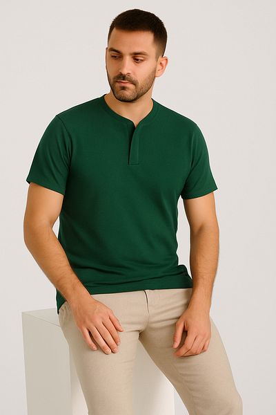 LACİVERTMEN 2124 Henley T-Shirt Brown Button Detailed Basic Casual t Shirt