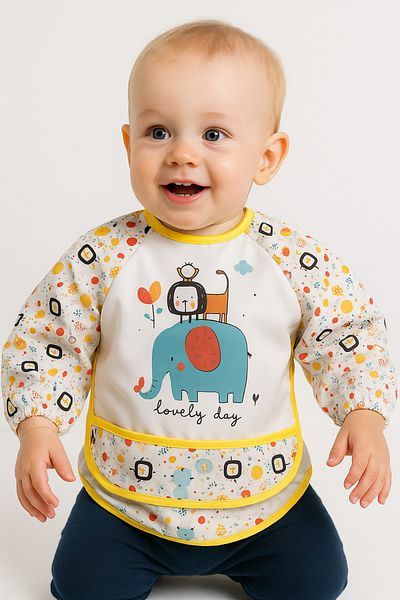 mia mia Elephant Lion Patterned Long Sleeve Liquid Proof Baby Bib