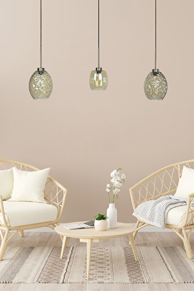 Bamyum Üçlü Lunex Cam Bal Rengi Avize İnce Eskitme Başlık Sarkıt Yemek Masası Üstü Iç Mekan Cafe Otel