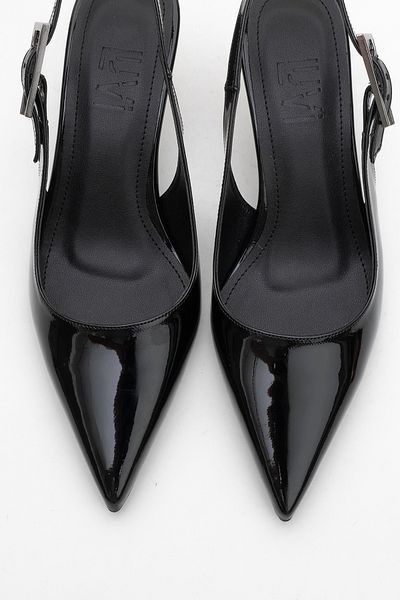 LuviShoes Arty Black Patent Leather Pointed Toe Open Back Women's Thin Heeled Shoes