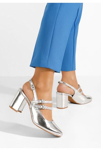 B T Shoes Pantofi cu toc gros lacuiti Izalda argintii