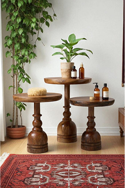 ASELYA HOME Doğal Ahşap 3’lü Set Mantar Yan Sehpa Modern Fiskos Zigon Çiçeklik