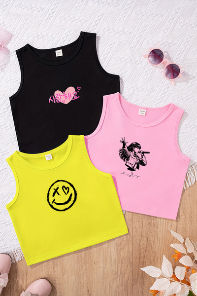 TARZ STİL طقم تيشيرت قصير مكون من 3 قطع برسومات جرافيتي بوبستار للفتيات 23503-1 23501 23502