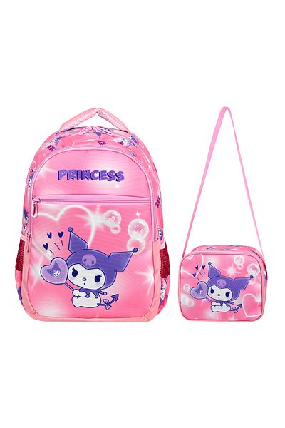 Royal Glow Candy Sweet Cute Dusty Pink Kuromi Princess Patterned Girl's Primary School Bag Lunch Box